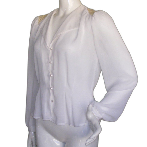Vintage Contempo Casual Blouse, M, Off-white, Sequin statement Shoulders, LS - Picture 3 of 12